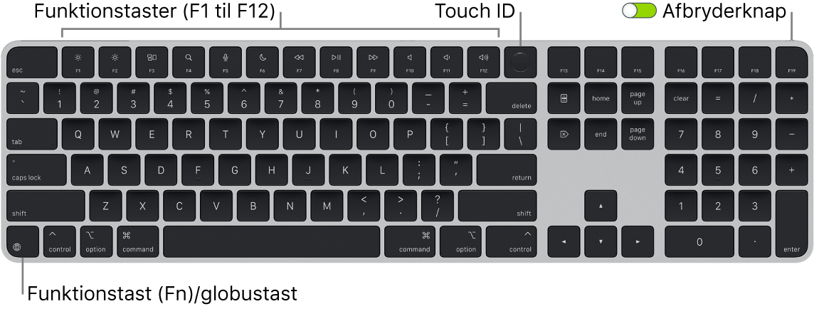Magic Keyboard med Touch ID og numerisk blok, som viser rækken med funktionstaster og Touch ID øverst samt Funktionstasten (Fn)/globustasten nederst til venstre.