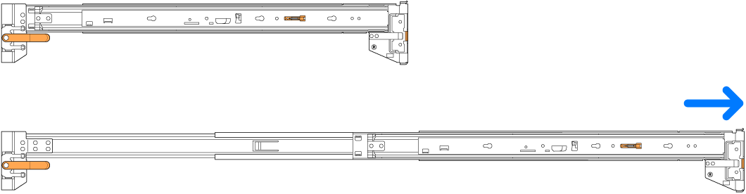 Zwei nicht installierte Montageschienen – eine eingezogen und die andere ausgezogen.