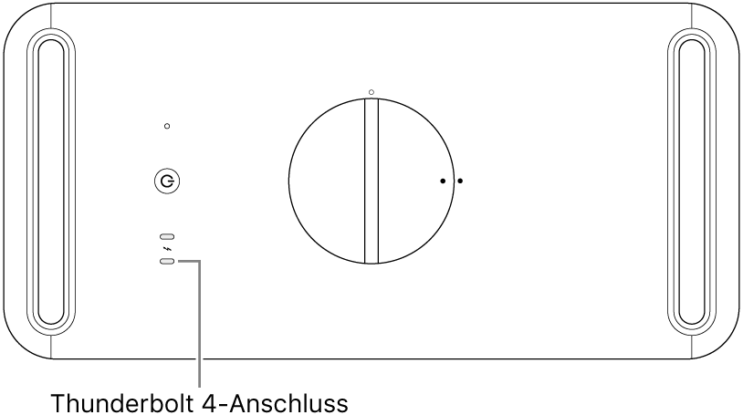Die Oberseite des Mac Pro mit einer Beschriftung an dem richtigen, zu verwendenden Thunderbolt 4-Anschluss.