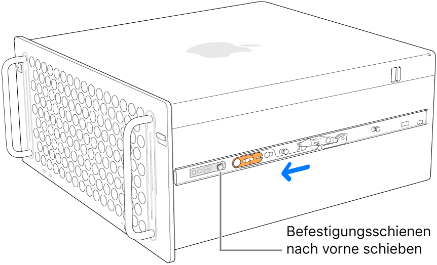 Mac Pro mit einer Schiene, die nach vorne geschoben wird und einrastet.