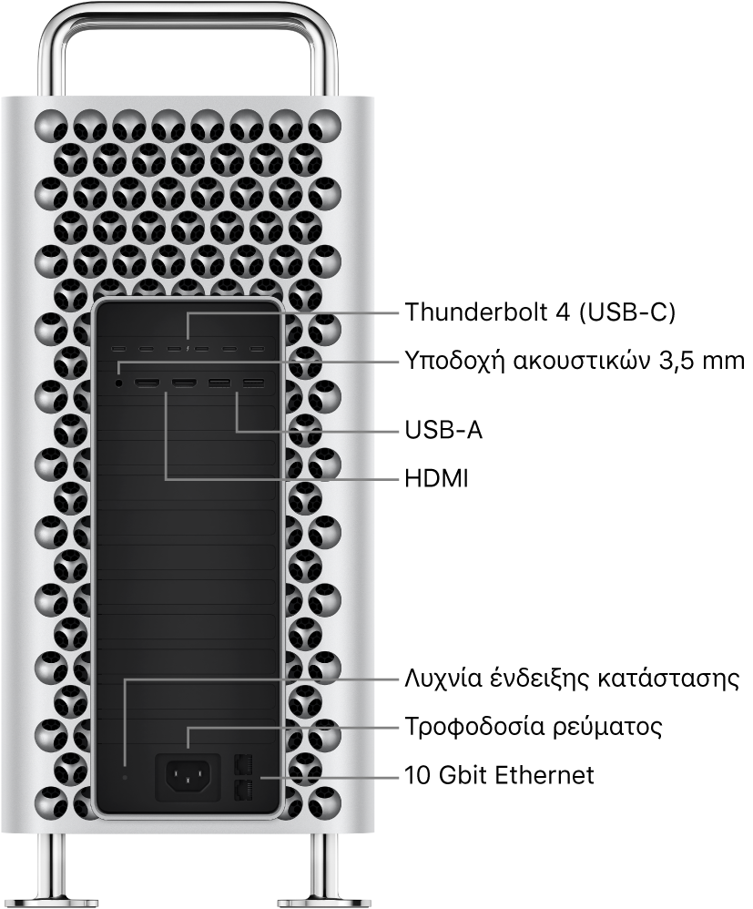 Μια πλαϊνή προβολή του Mac Pro, όπου φαίνονται έξι θύρες Thunderbolt 4 (USB-C), η υποδοχή ακουστικών 3,5 χλστ., δύο θύρες USB-A, δύο θύρες HDMI, μια ενδεικτική λυχνία κατάστασης, μια θύρα τροφοδοσίας και δύο θύρες Ethernet 10 Gigabit.