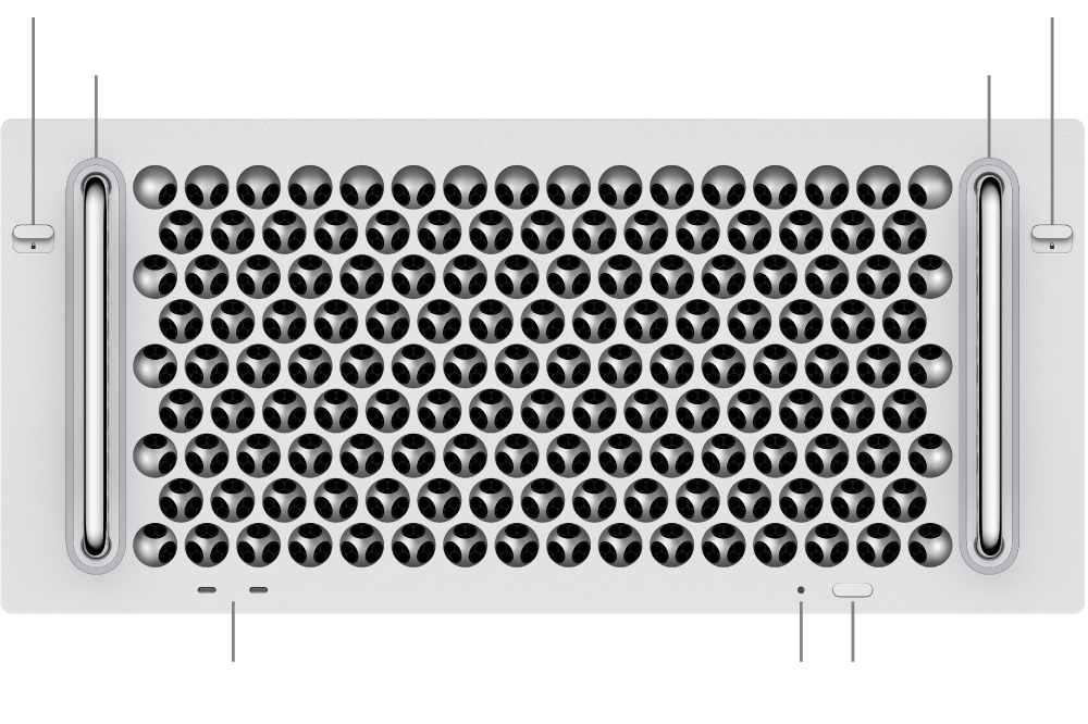 The front of Mac Pro showing two latches, two antennas, power button, status light indicator light, and two Thunderbolt 4 (USB-C) ports.