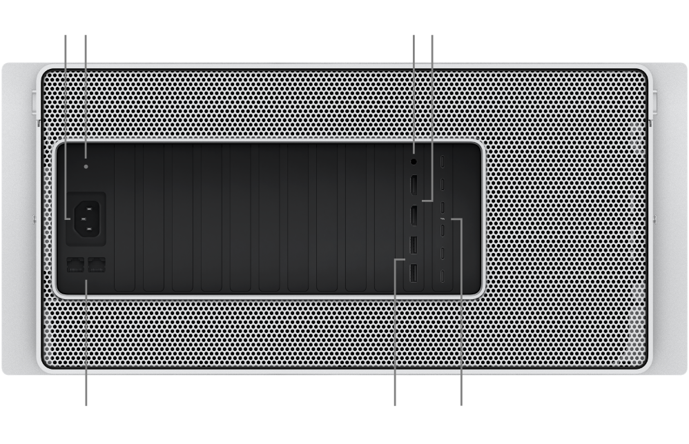 The back view of Mac Pro showing the power port, a status indicator light, 3.5 mm headphone jack, two HDMI ports, six Thunderbolt 4 (USB-C) ports, two USB-A ports, and two 10 Gbit Ethernet ports.