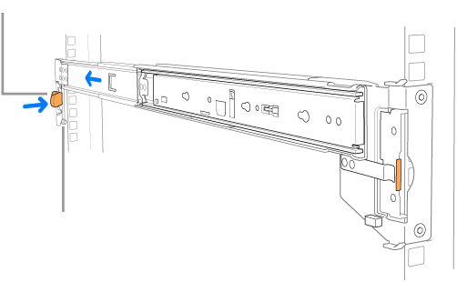 A rail assembly illustrating the location of the rear rail pins and latch.