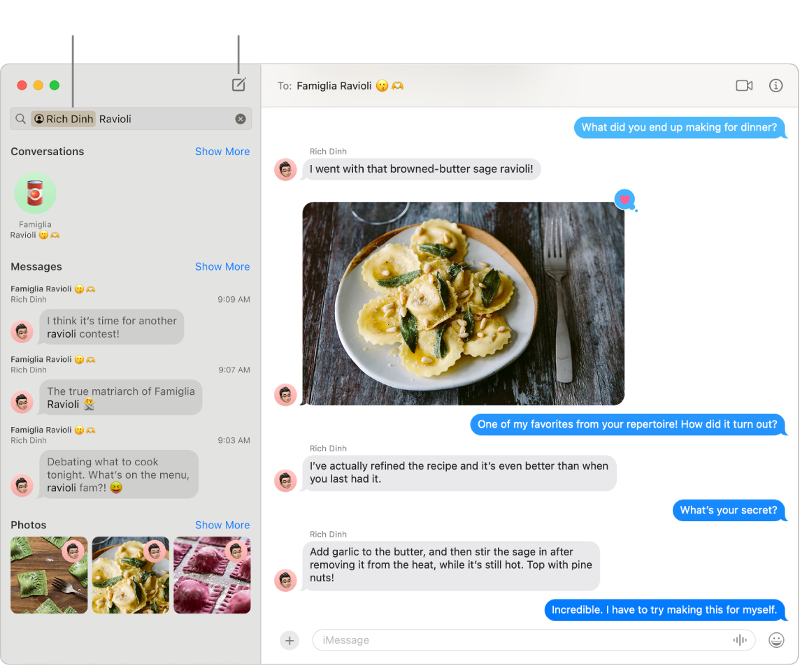 A Messages window showing search results for a contact and “ravioli” on the left. On the right, a conversation with a picture of ravioli.