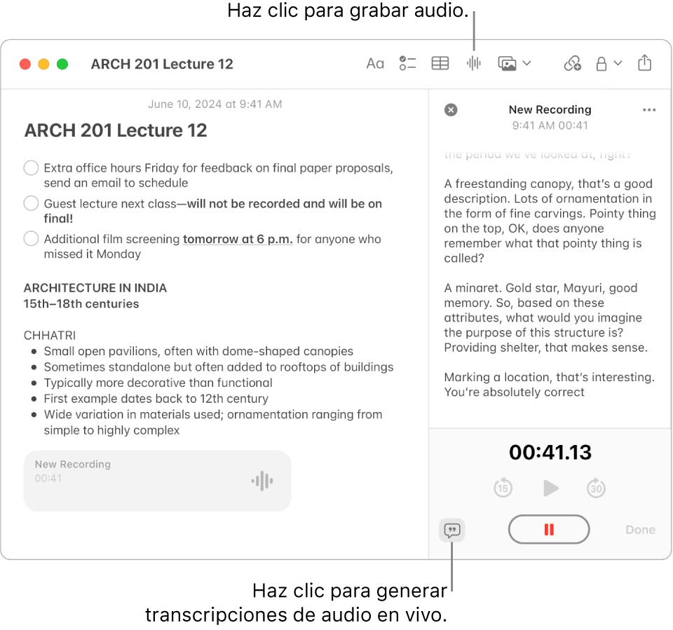 Una ventana de Notas mostrando una nota con una lista de control, una lista con viñetas y una grabación de audio. La pantalla Detalles de audio está abierta y muestra una transcripción de la grabación de audio.