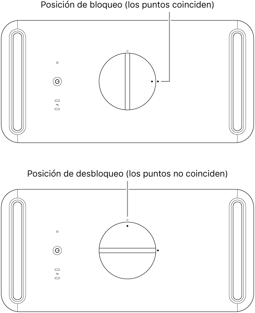 Parte superior de la carcasa de la computadora mostrando el pestillo en la posición de bloqueo y desbloqueo.