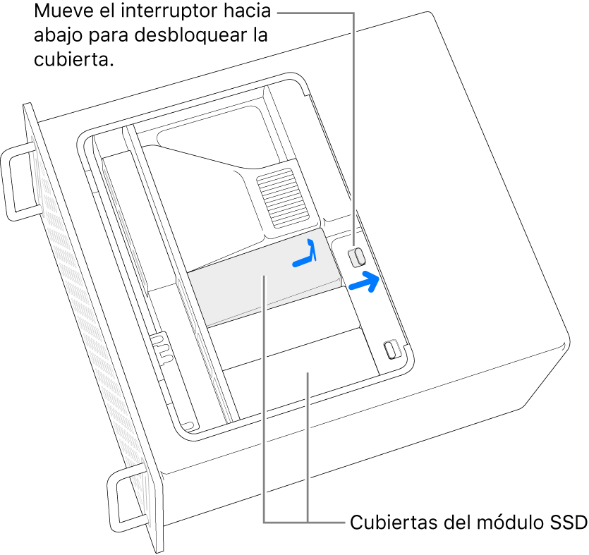 El interruptor movido hacia la derecha para desbloquear la cubierta SSD.