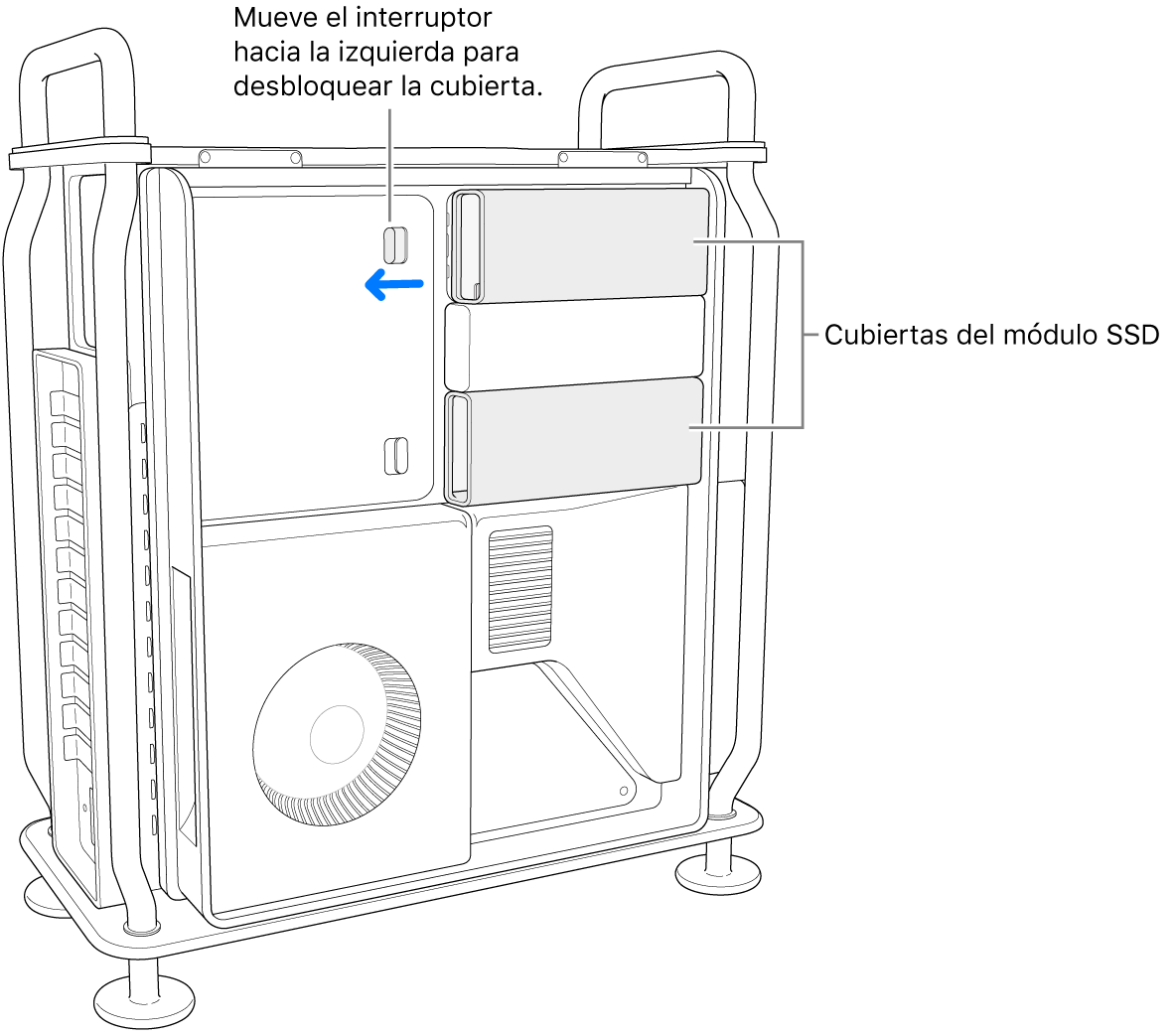 El interruptor movido hacia la izquierda para desbloquear la cubierta SSD.