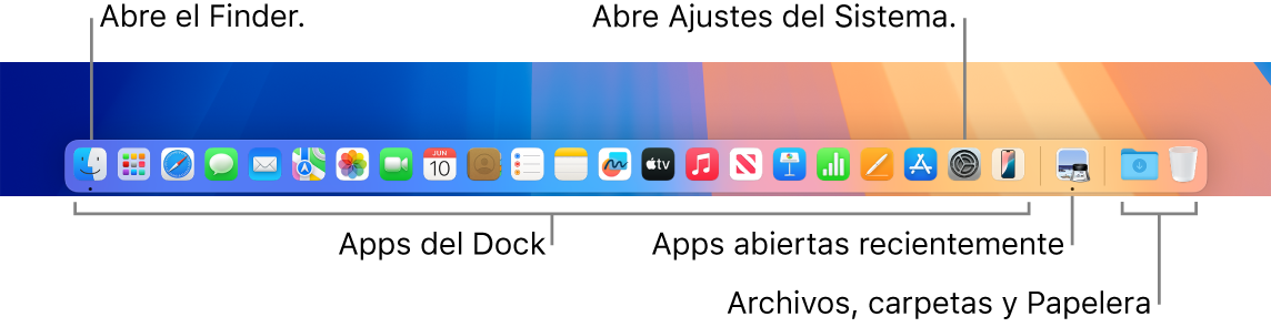 El Dock con el Finder, Ajustes del Sistema y la línea divisoria del Dock que separa las apps de los archivos y carpetas.