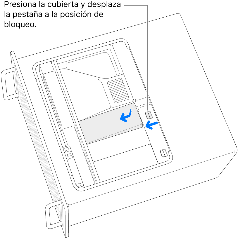 Colocación de las cubiertas de los módulos SSD en su sitio deslizando el pestillo a la izquierda y empujando la cubierta del módulo SSD hacia abajo.