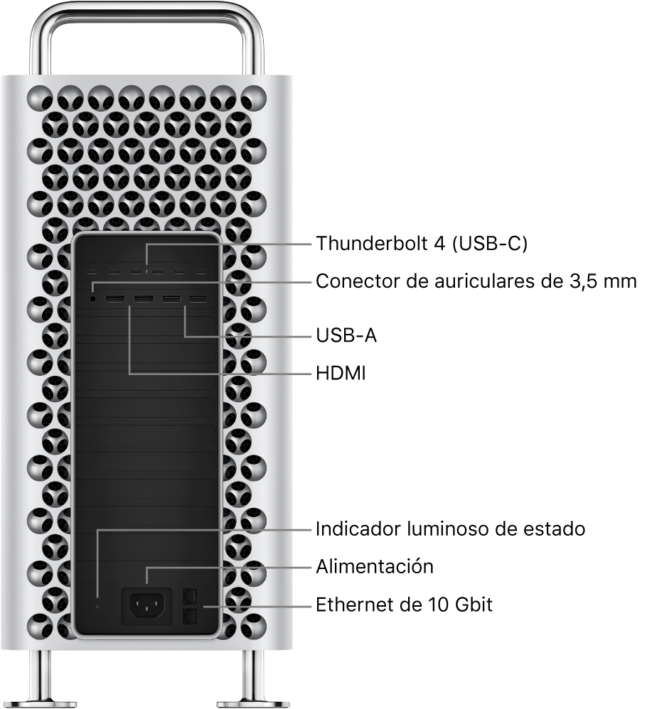 Vista lateral del Mac Pro con sus seis puertos Thunderbolt 4 (USB-C), la toma de auriculares de 3,5 mm, dos puertos USB-A, dos puertos HDMI, un indicador luminoso de estado, un puerto de alimentación y dos puertos Ethernet 10 Gigabit.