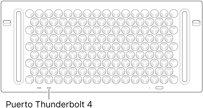 La parte superior de un Mac Pro, donde se señala el puerto Thunderbolt 4 que se debe utilizar.