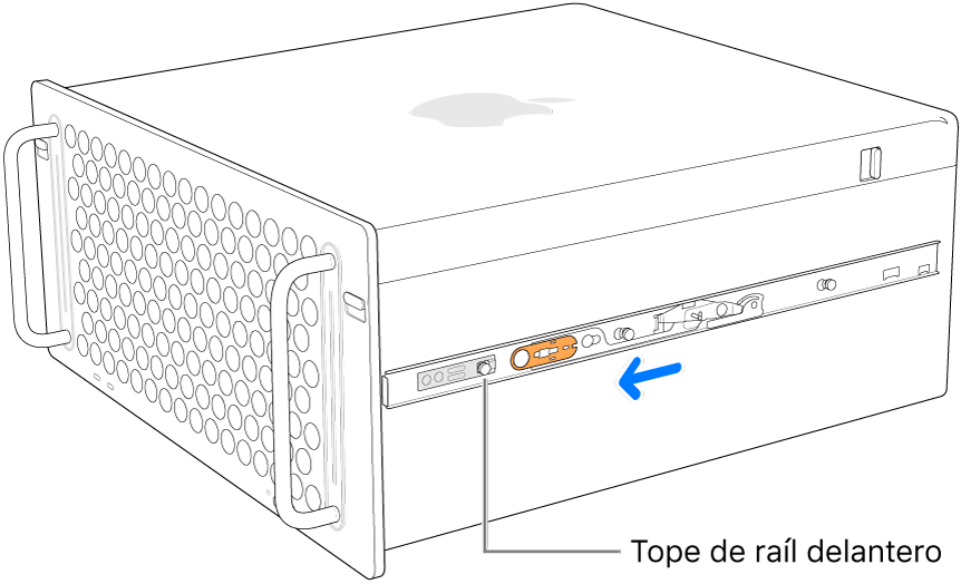 Se está deslizando hacia delante el riel del Mac Pro, que queda fijado en su sitio.