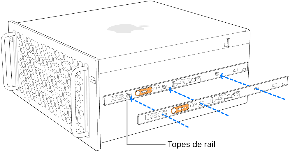 Se está montando un riel interno al lateral del Mac Pro.