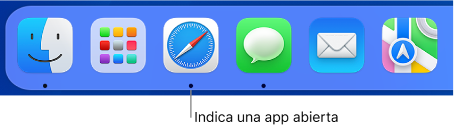 Una parte del Dock donde se ven puntos negros debajo de las apps abiertas.