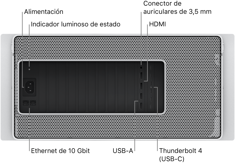 La vista trasera del Mac Pro, con el puerto de alimentación, un indicador luminoso de estado, una toma de auriculares de 3,5 mm, dos puertos HDMI, seis puertos Thunderbolt 4 (USB-C), dos puertos USB-A y dos puertos Ethernet Gigabit 10.