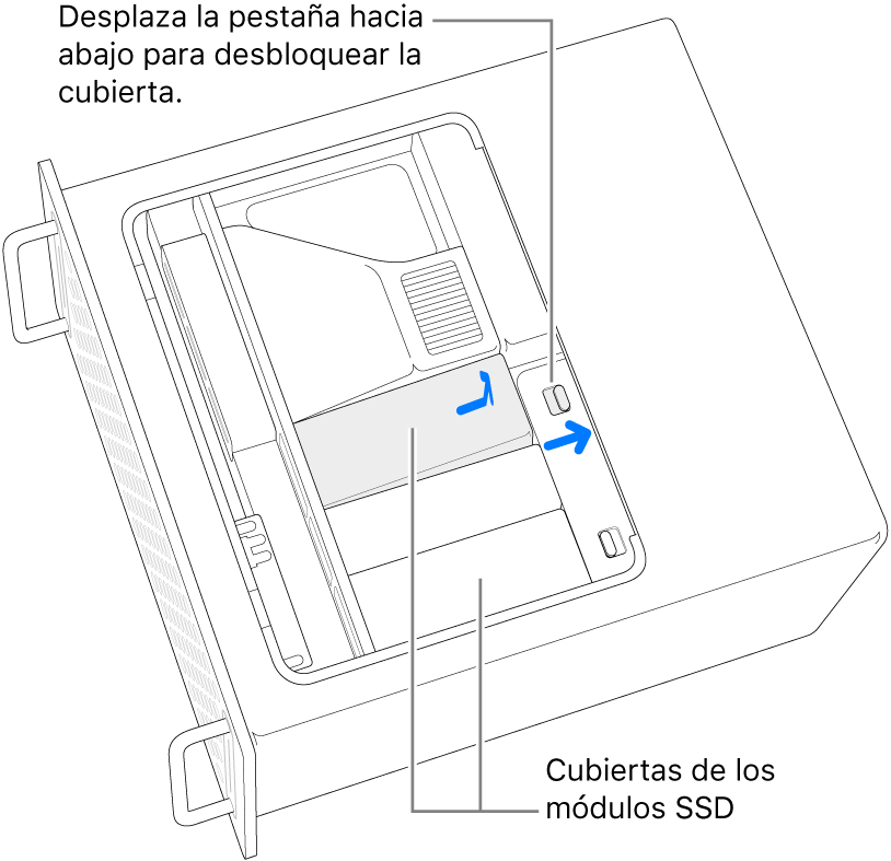 El pestillo se mueve hacia la derecha para desbloquear la cubierta del SSD.