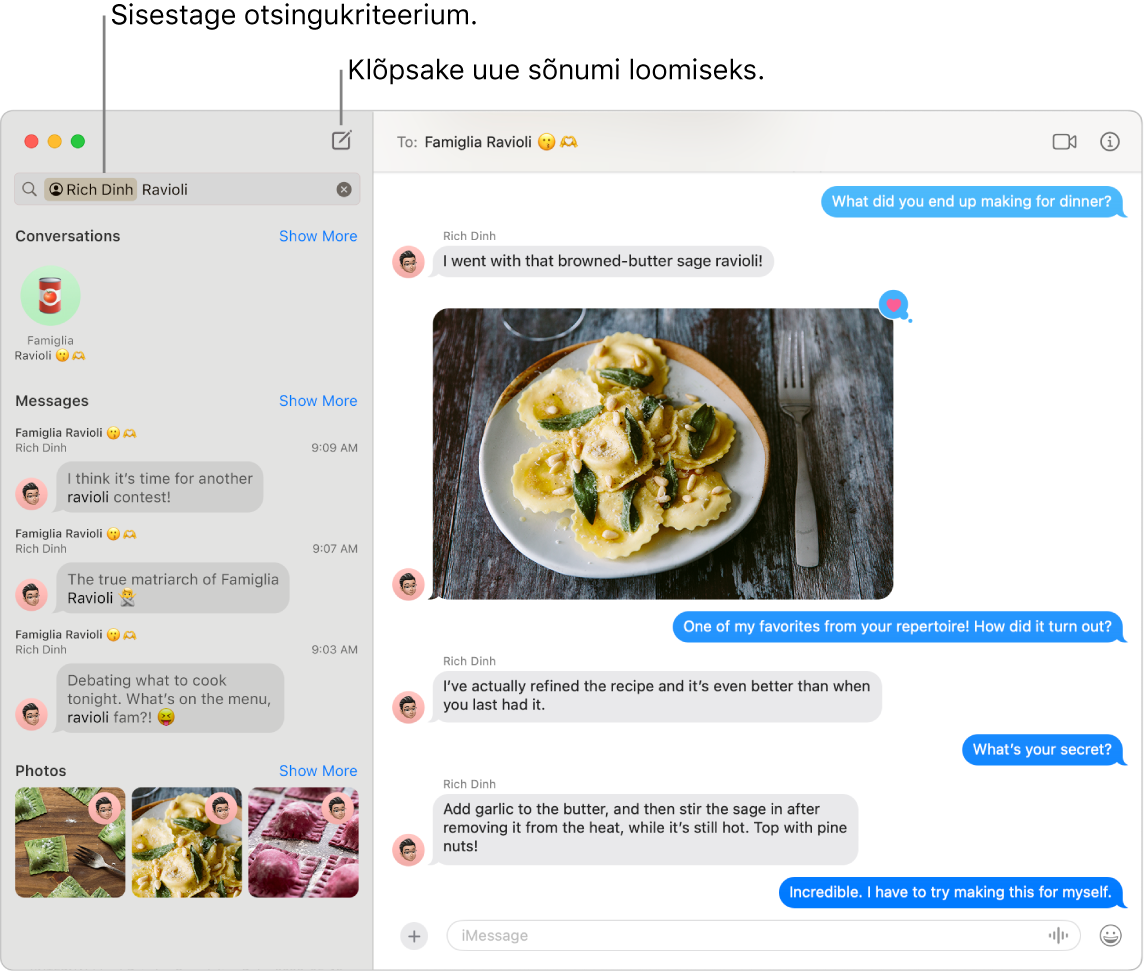 Rakenduse Messages aknas kuvatakse kontakti otsingutulemusi sõna “ravioolid” vasakul. Paremal on vestlus, milles on ravioolide pilt.