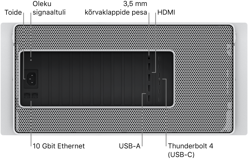 Mac Pro tagantvaates on näha toitepsa, oleku indikaatortuli, 3,5 mm kõrvaklappide pesa, kaks HDMI-porti, kuus Thunderbolt 4 (USB-C) porti, kaks USB-A-porti ning kaks 10 Gbit Etherneti porti.