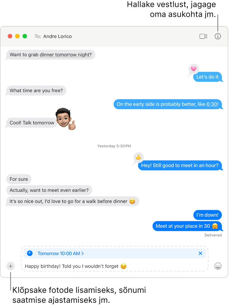 Rakenduse Messages aknas näidatakse vestlust. Sõnumi saatmine on kavandatud homseks kell 10:00 am. Sõnumis on kirjas “Happy birthday! Told you I wouldn’t forget.”