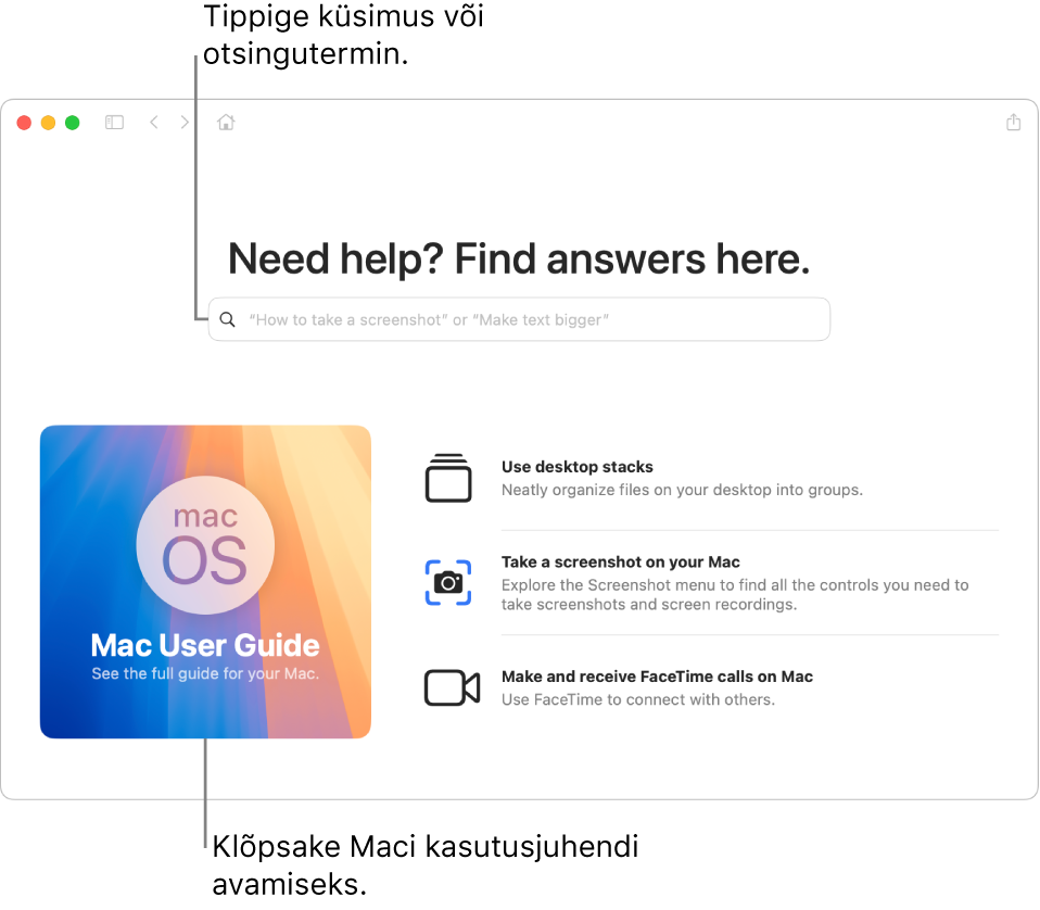 Rakenduse Tips Landing-lehel on Mac User Guide, otsinguväli ning soovitatud teemad.