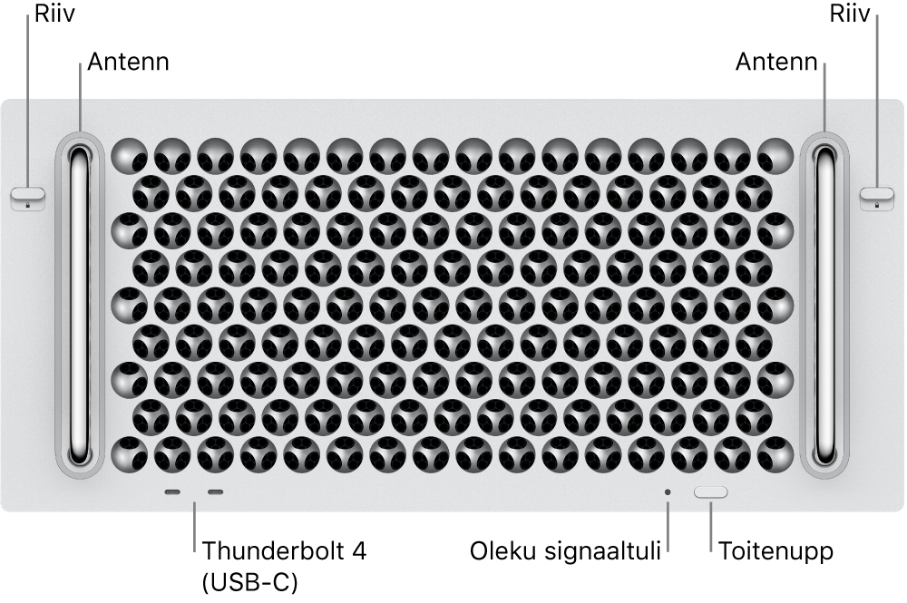 Mac Pro esiosas on näha kaks riivi, kaks antenni, toitenupp, oleku indikaatortuli ning kaks Thunderbolt 4 (USB-C) porti.