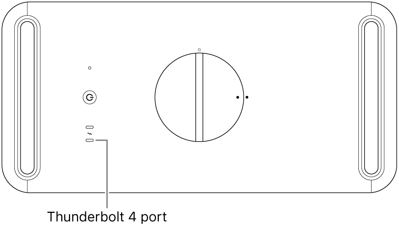 Mac Pro ülaosa, kus on väljaviiguga näidatud õiget Thunderbolt 4 porti, mida peaksite kasutama.