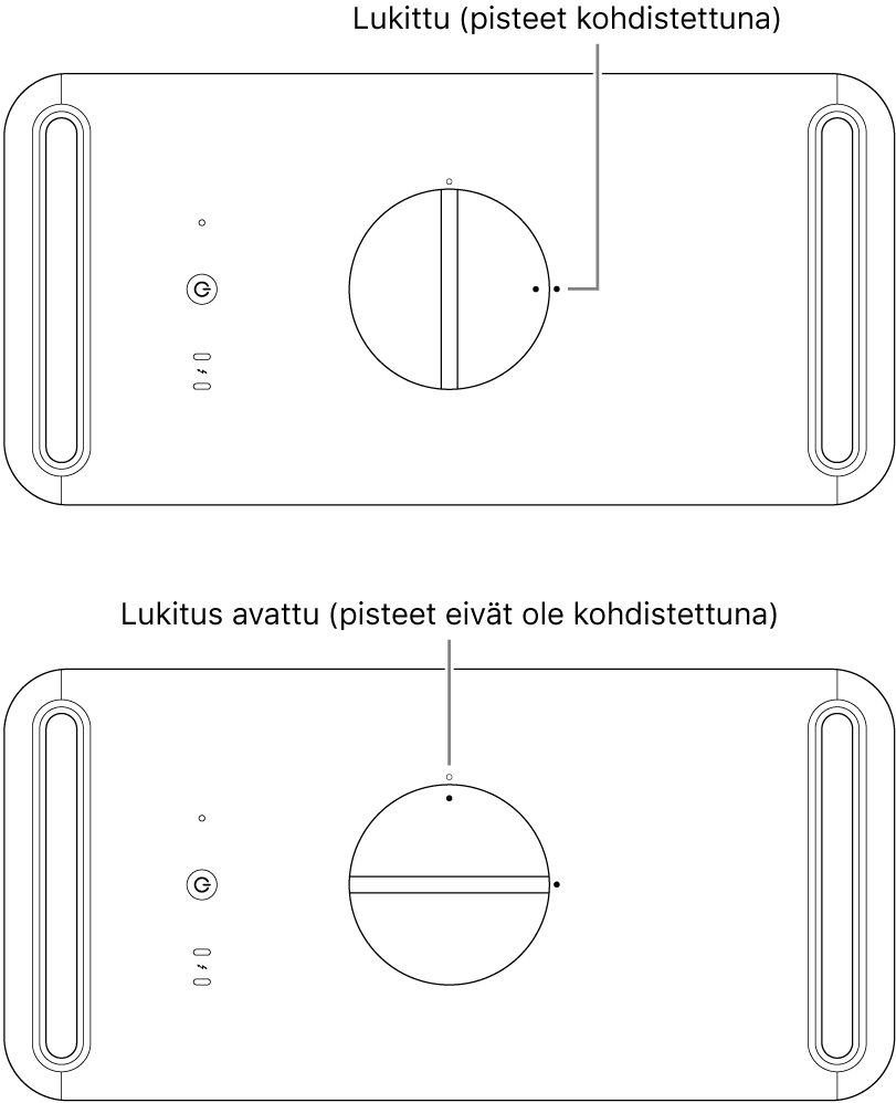 Tietokoneen kotelon yläosa, jossa näkyy salpa lukitussa ja avatussa asennossa.