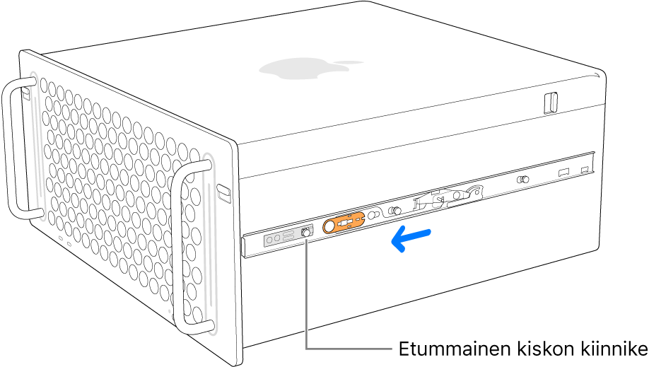 Mac Pro, jossa kisko liukuu eteenpäin ja lukittuu paikalleen.