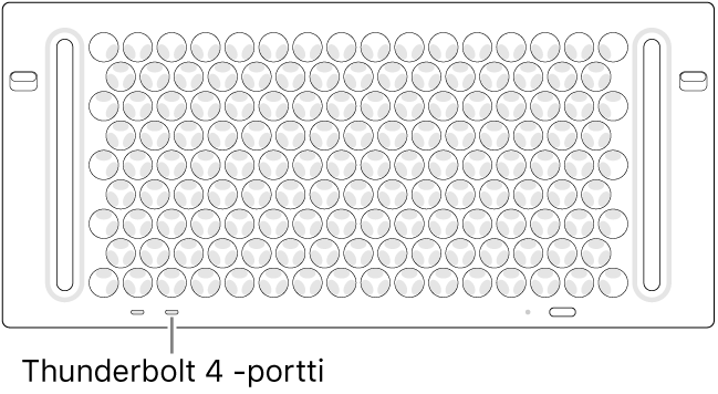 Mac Pron yläpuoli, jossa osoitetaan käytettäväksi tarkoitettua Thunderbolt 4 ‑porttia.