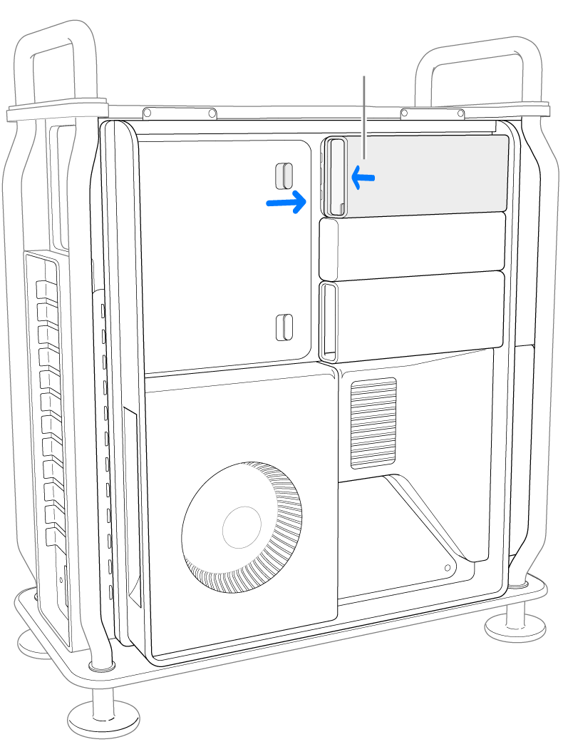 Réinstallation des caches des SSD en déplaçant le bouton de verrouillage vers la droite et en appuyant sur le cache des SSD.
