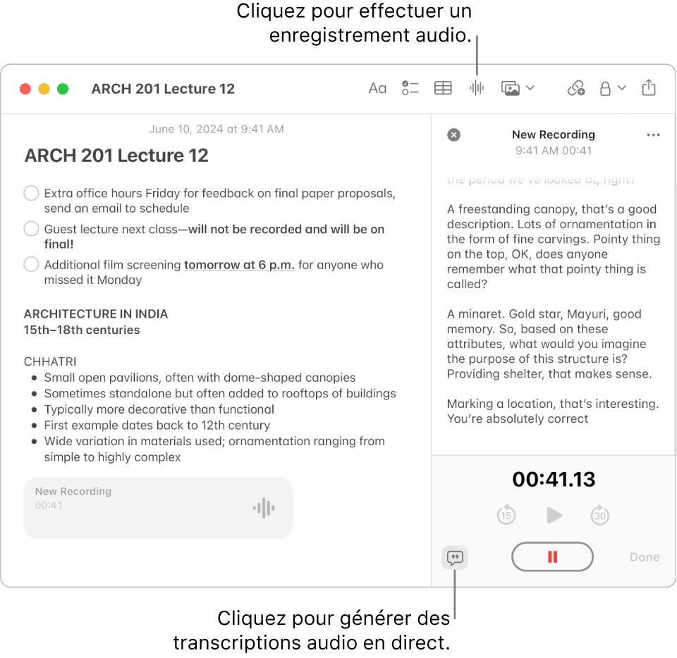 Une fenêtre Notes affichant une note avec une liste de pointage, une liste à puce et un enregistrement audio. La fenêtre des détails audio est ouverte et affiche une transcription de l’enregistrement audio.