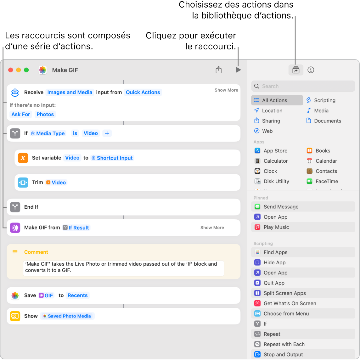 L’éditeur de raccourcis « Créer GIF » sur la gauche et la bibliothèque d’actions sur la droite.
