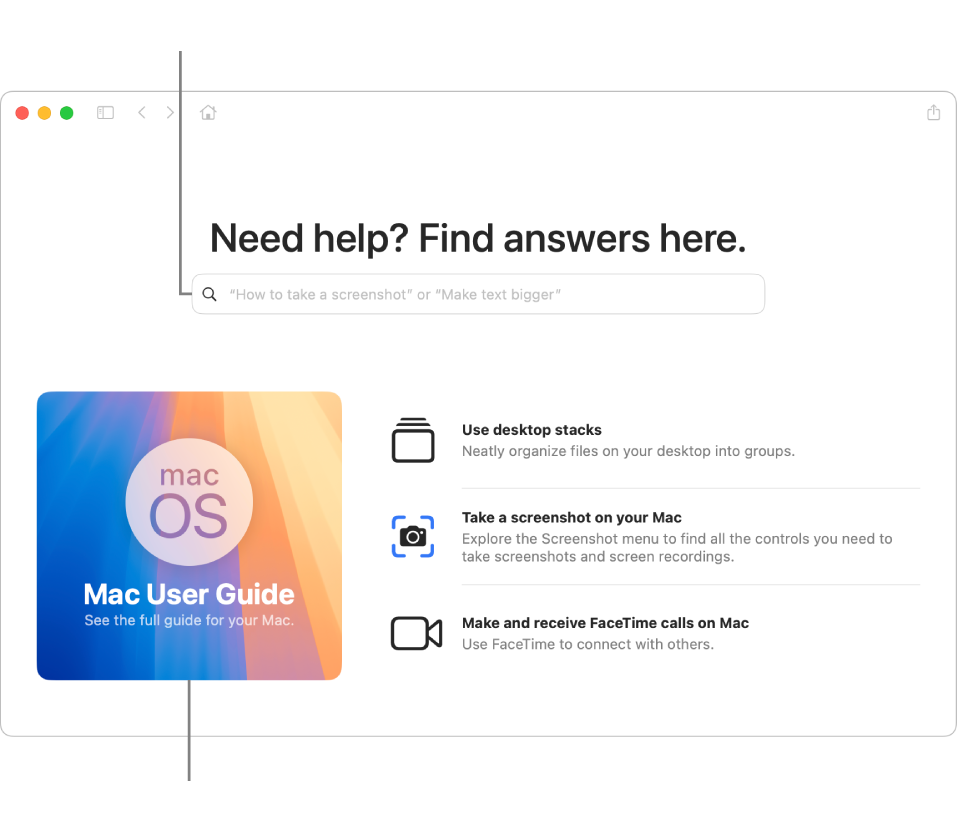 La page d'accueil de l’app Astuces affichant le guide d'utilisation du Mac, le champ de recherche et des rubriques suggérées.
