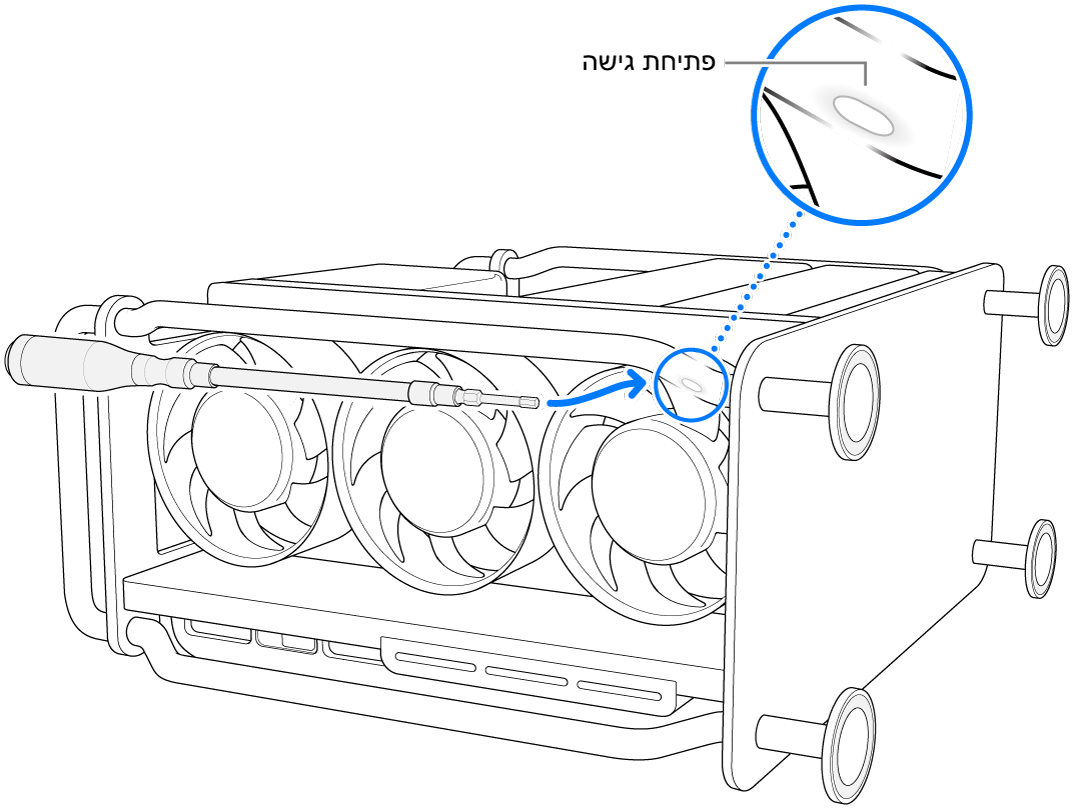 ‏Mac Pro על צדו עם מברגה גמישה המכוונת אל פתח הגישה.