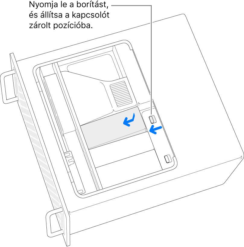 Az SSD-foglalatok burkolatának visszaszerelése a retesz bal oldalra mozgatásával és az SSD-foglalat burkolatának lenyomásával.