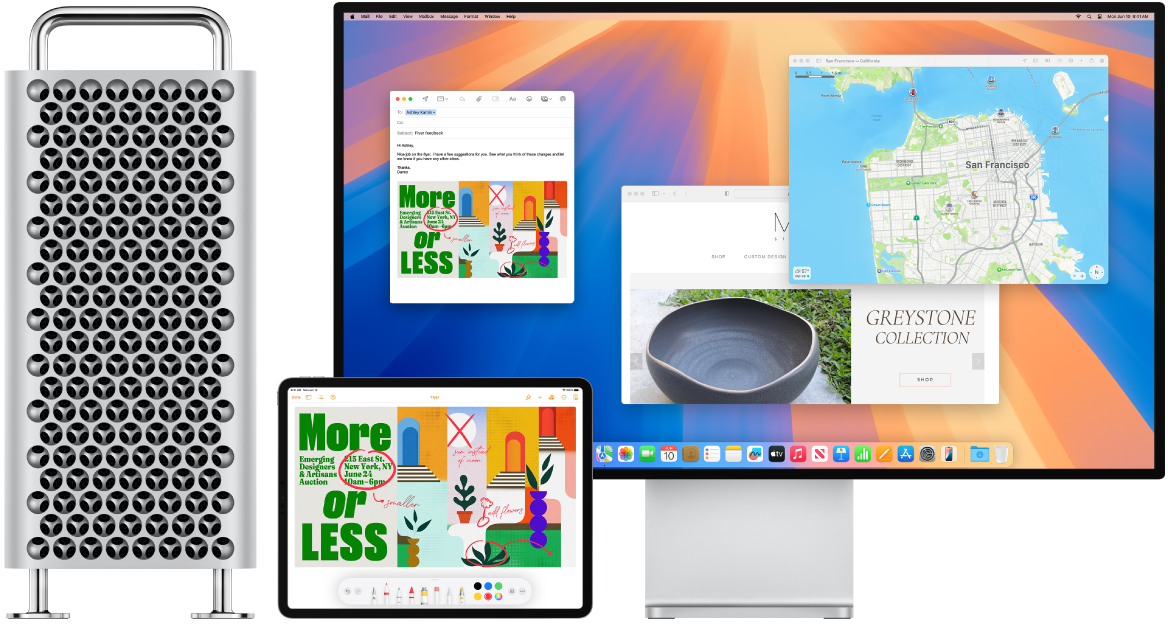 Mac Pro dan iPad berdampingan. Layar iPad menampilkan pamflet dengan anotasi. Layar yang digunakan oleh Mac Pro memiliki pesan Mail dengan pamflet beranotasi dari iPad sebagai lampiran.