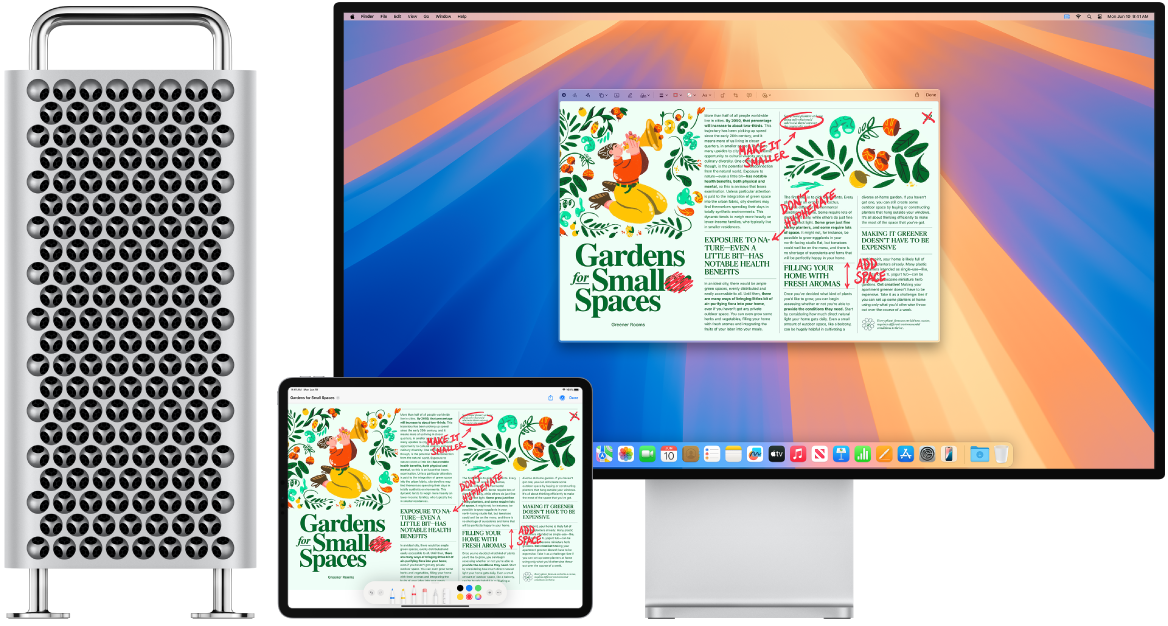 Mac Pro dan iPad berdampingan. Kedua layar menampilkan artikel yang penuh dengan pengeditan berwarna merah yang ditulis tangan, seperti kalimat yang dicoret, panah, dan tambahan kata. iPad juga memiliki kontrol markah di bagian bawah layar.