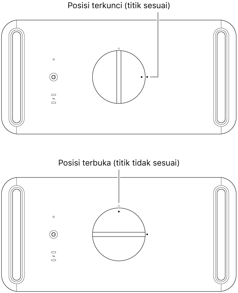 Bagian atas casing komputer menampilkan kait dalam posisi terkunci dan terbuka.