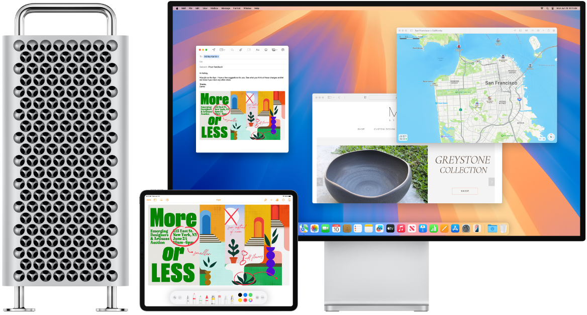 Mac Pro e iPad mostrati l'uno di fianco all'altro. Lo schermo di iPad mostra un documento con annotazioni. Sullo schermo utilizzato dal Mac Pro è visibile un messaggio di Mail con il documento annotato tramite iPad come allegato.