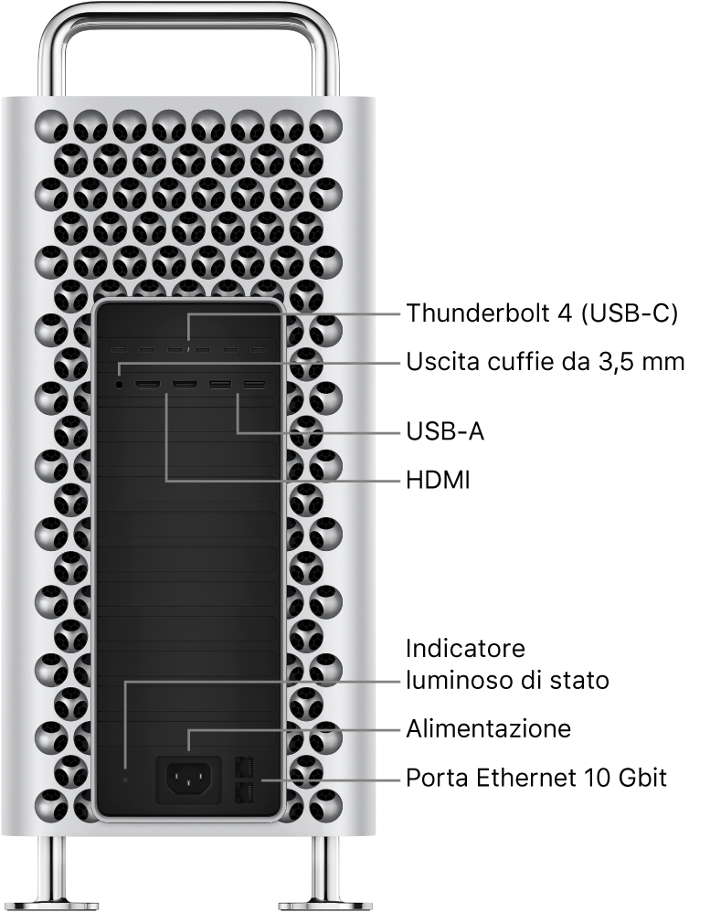 Vista laterale di Mac Pro che mostra sei porte Thunderbolt 4 (USB-C), un'uscita cuffie da 3,5 mm, due porte USB-A, due porte HDMI, un indicatore luminoso di stato, una porta di alimentazione e due porte Ethernet da 10 Gbit.