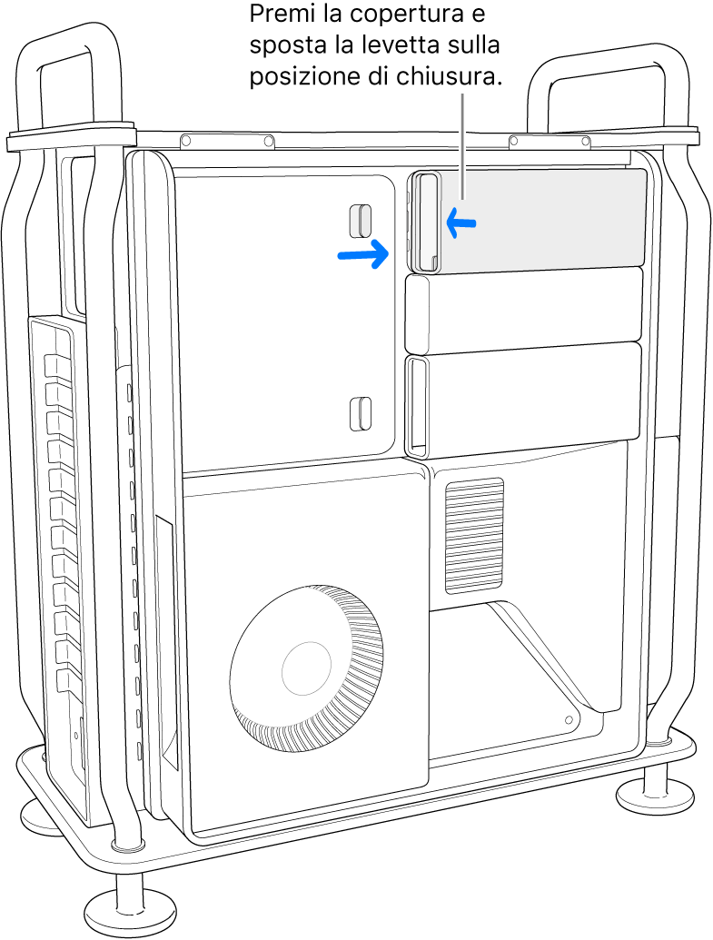 Reinstallazione dei coperchi dei moduli SSD spostando l'interruttore di blocco verso destra e facendo pressione sul coperchio del modulo SSD.