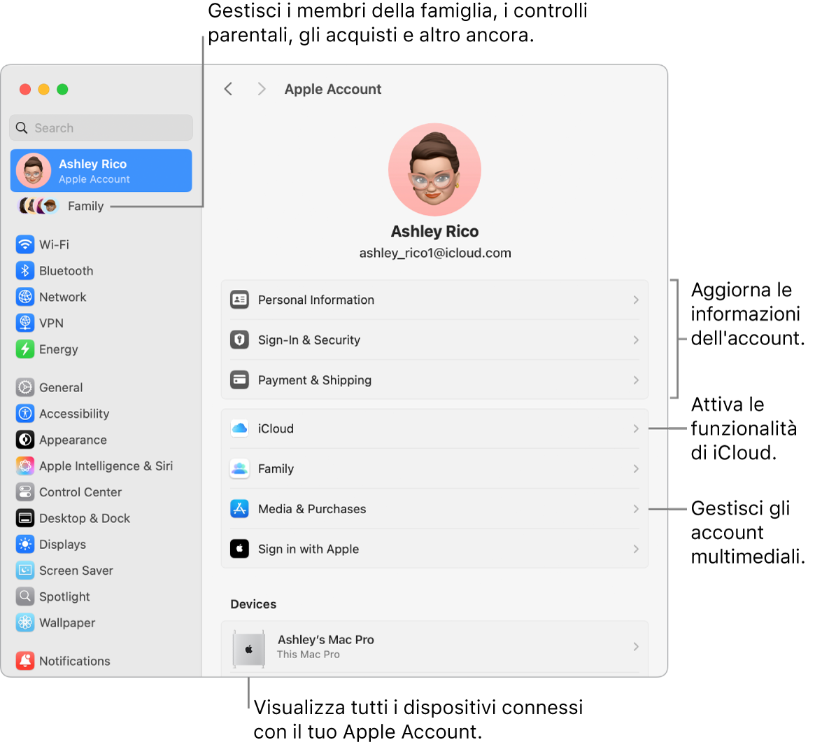 Le impostazioni di Apple Account in Impostazioni di Sistema, con didascalie per aggiornare le informazioni dell’account, attivare o disattivare le funzionalità di iCloud, gestire gli account multimediali e Famiglia, dove puoi gestire i membri del gruppo familiare, i controlli parentali, gli acquisti e altro ancora.