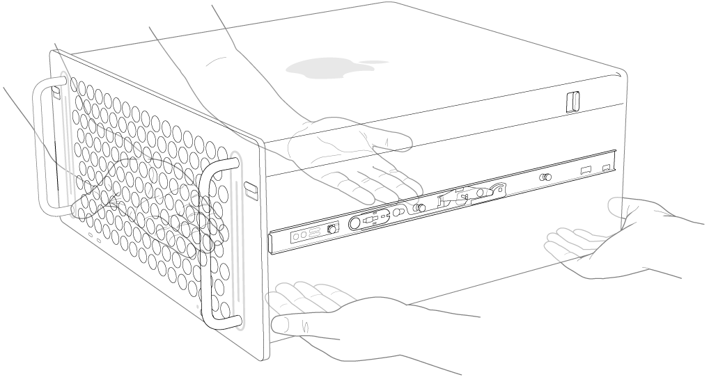 Due coppie di mani che sollevano Mac Pro.