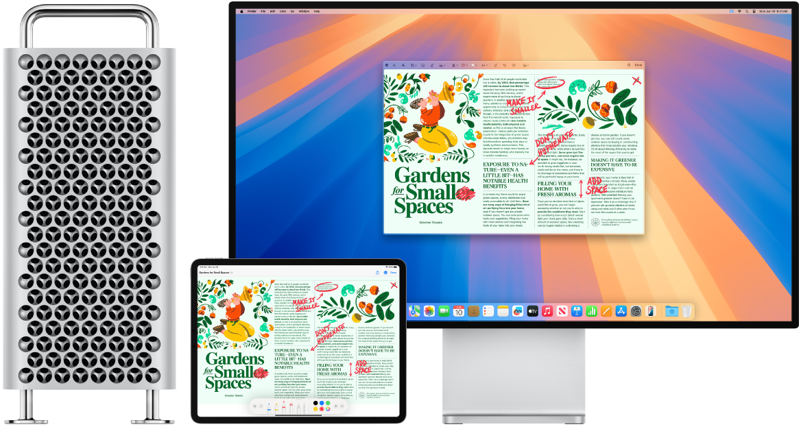 Mac Pro e iPad uno accanto all'altro. Entrambi gli schermi mostrano un articolo con modifiche disegnate in rosso, come frasi cancellate, frecce e parole aggiunte. iPad mostra i controlli di modifica nella parte inferiore dello schermo.