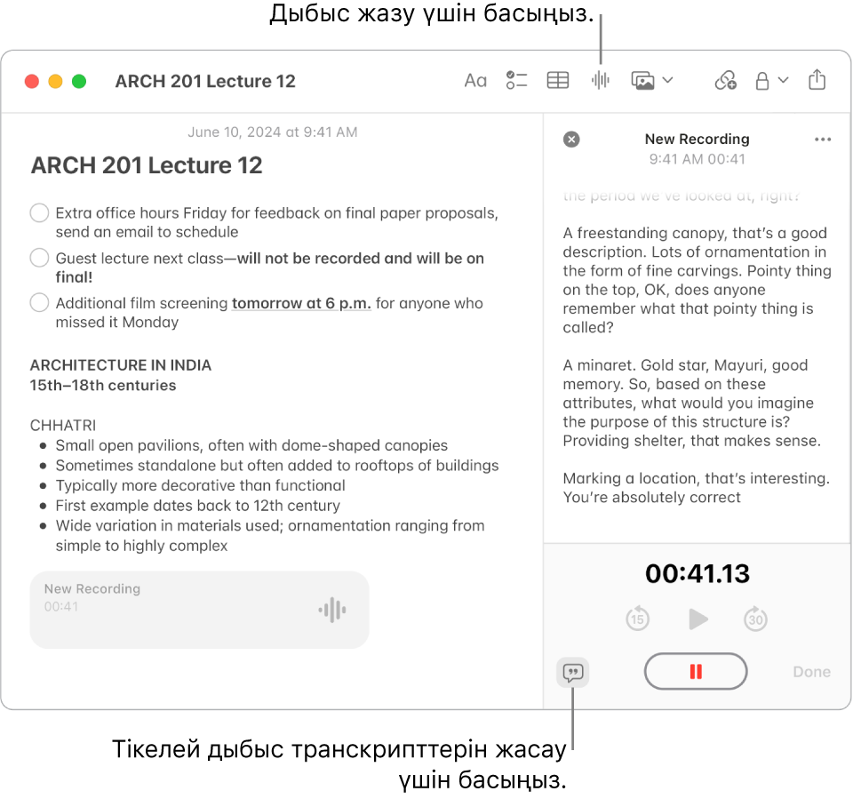 Тексеру тізімі, белгіленген тізімі және аудио жазбасы бар жазбаны көрсетіп тұрған Notes терезесі. Audio Details терезесі ашық және аудио жазбалардың транскрипциясын көрсетеді.