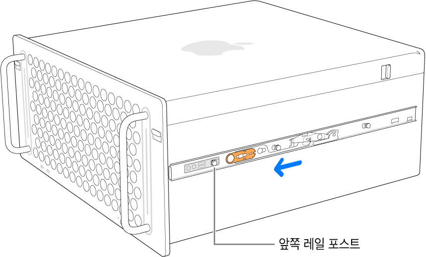 레일이 앞으로 밀려나며 제자리에 고정되는 Mac Pro.