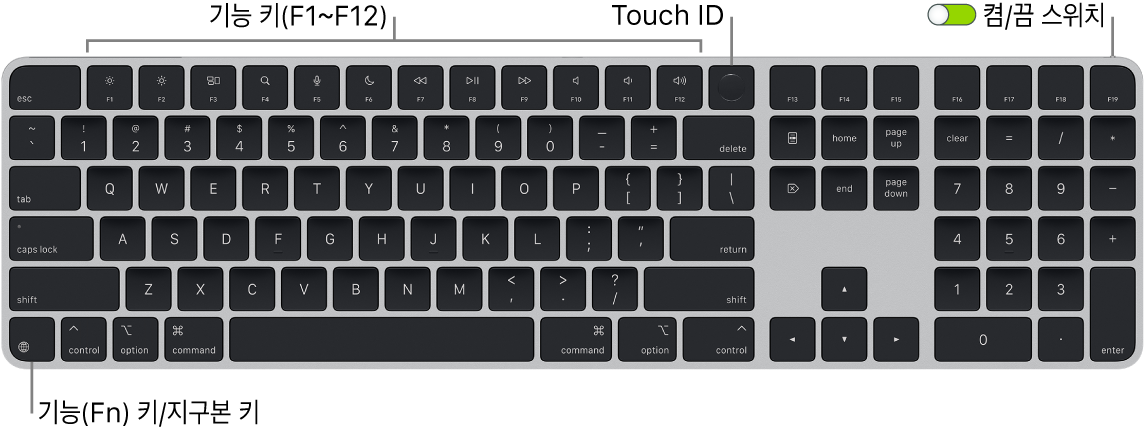 상단에 있는 기능 키와 Touch ID 및 왼쪽 하단에 있는 Fn(Function)/지구본 키를 보여주는 Touch ID 및 숫자 키패드 지원 Magic Keyboard.