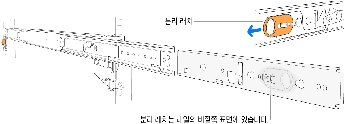 해제 래치를 강조하는 확장된 레일 어셈블리.